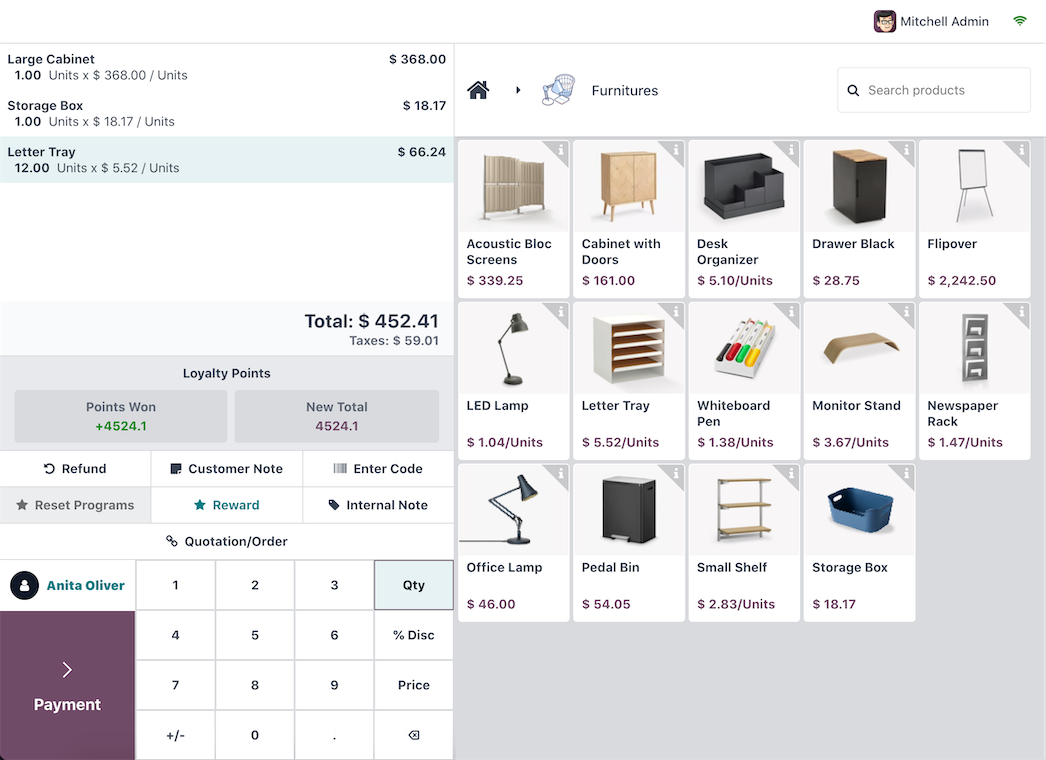 Interface caisse Odoo Point de Vente sur tablette avec panier client, catalogue produits par catégorie, points de fidélité et options de paiement