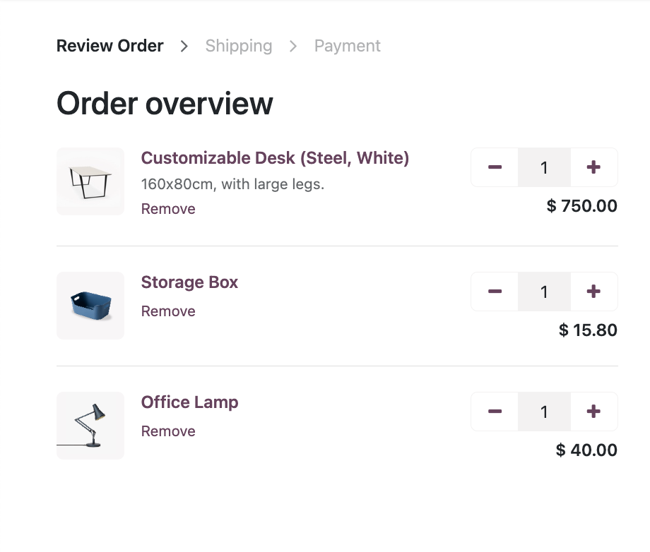 Récapitulatif de commande Odoo eCommerce avec liste des produits sélectionnés, quantités modifiables et prix unitaires avant passage à l'étape de livraison et paiement