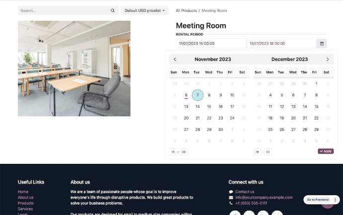 Page de réservation en ligne d'une salle de réunion sur le site Odoo Locations avec photo du bien, sélection de la période de location sur calendrier double-mois et confirmation des horaires d'écran Odoo Location