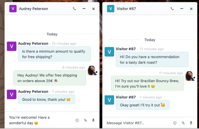 Détail de deux conversations Odoo Live Chat en parallèle : question client sur le seuil de livraison gratuite et demande de recommandation produit par un visiteur anonyme