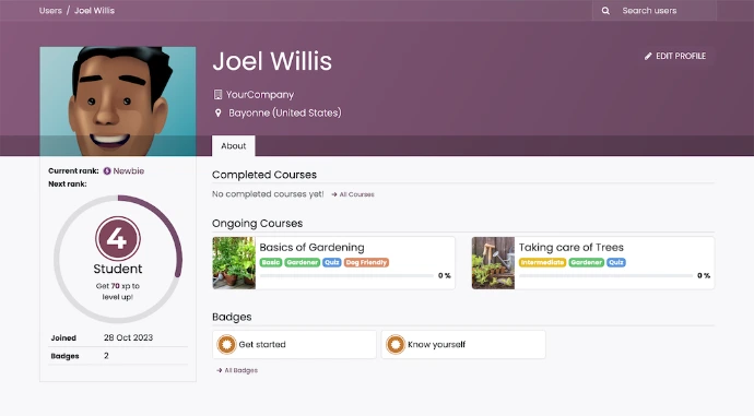 Profil apprenant Odoo eLearning avec rang Newbie, jauge de progression vers le niveau suivant, formations en cours avec avancement et badges obtenus