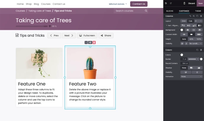 Interface d'édition de leçon Odoo eLearning avec constructeur de contenu en colonnes et panneau de personnalisation des propriétés de bloc : couleurs, bordures, coins arrondis et animation