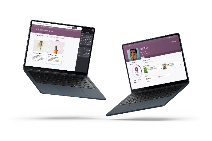 Deux laptops affichant le module Odoo eLearning : l'éditeur de contenu de cours à gauche et le profil apprenant avec formations en cours et badges à droite