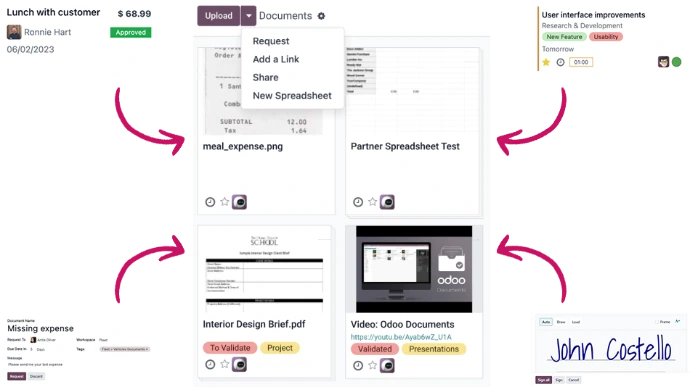 Interface Odoo Documents avec menu d'ajout de fichiers, aperçu de documents multiformats tagués par statut et intégration avec les modules Notes de frais, Projet et Signature