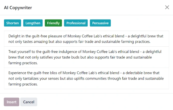 Assistant IA Odoo Website générant trois variantes de texte marketing en ton Friendly avec options de reformulation Shorten, Lengthen, Professional et Persuasive