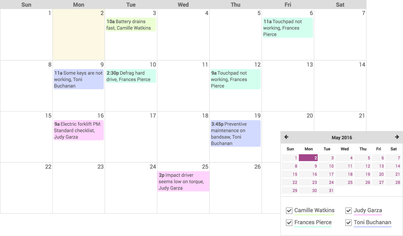 Vue calendrier du module Odoo Maintenance avec les interventions planifiées par technicien