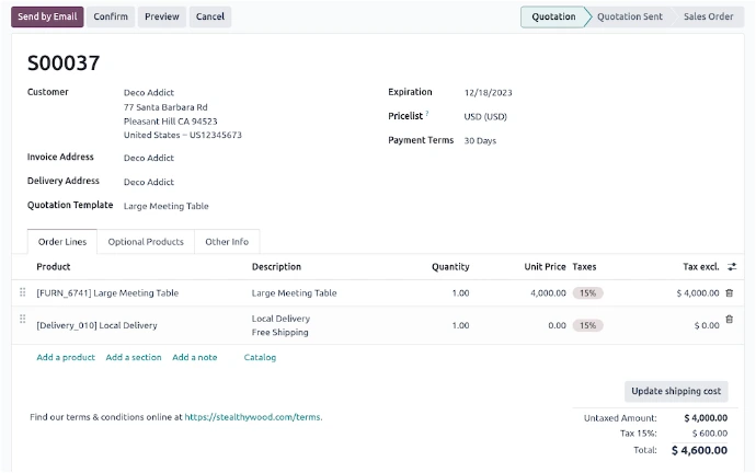 Interface Odoo Inventaire : bon de commande avec gestion des frais de livraison