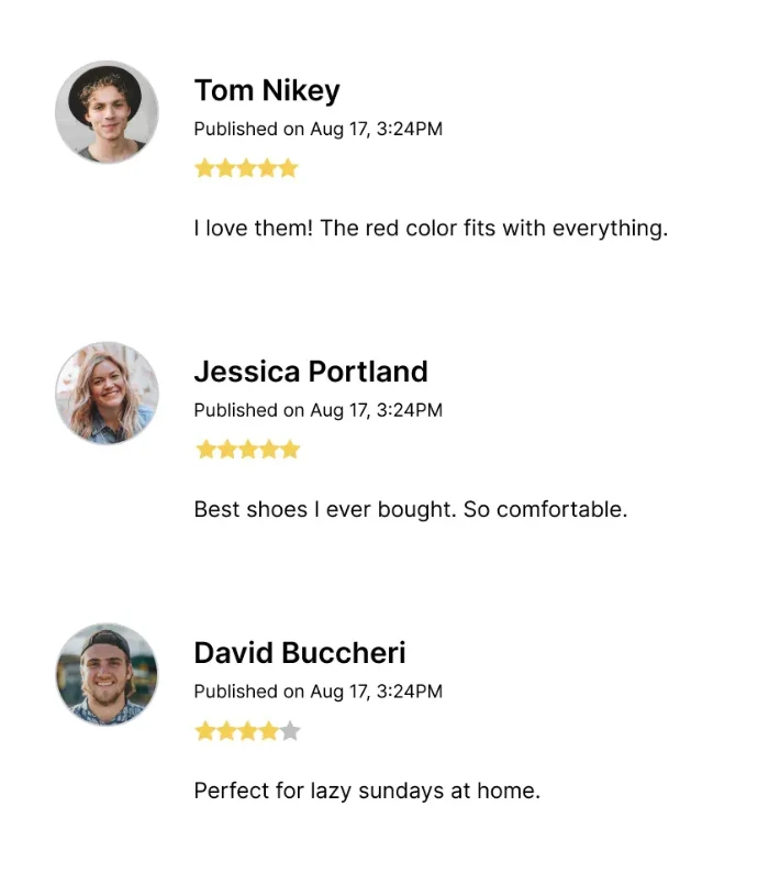 clientSection avis clients Odoo eCommerce affichant trois évaluations 5 étoiles avec photos de profil et commentaires pour renforcer la confiance des acheteurs