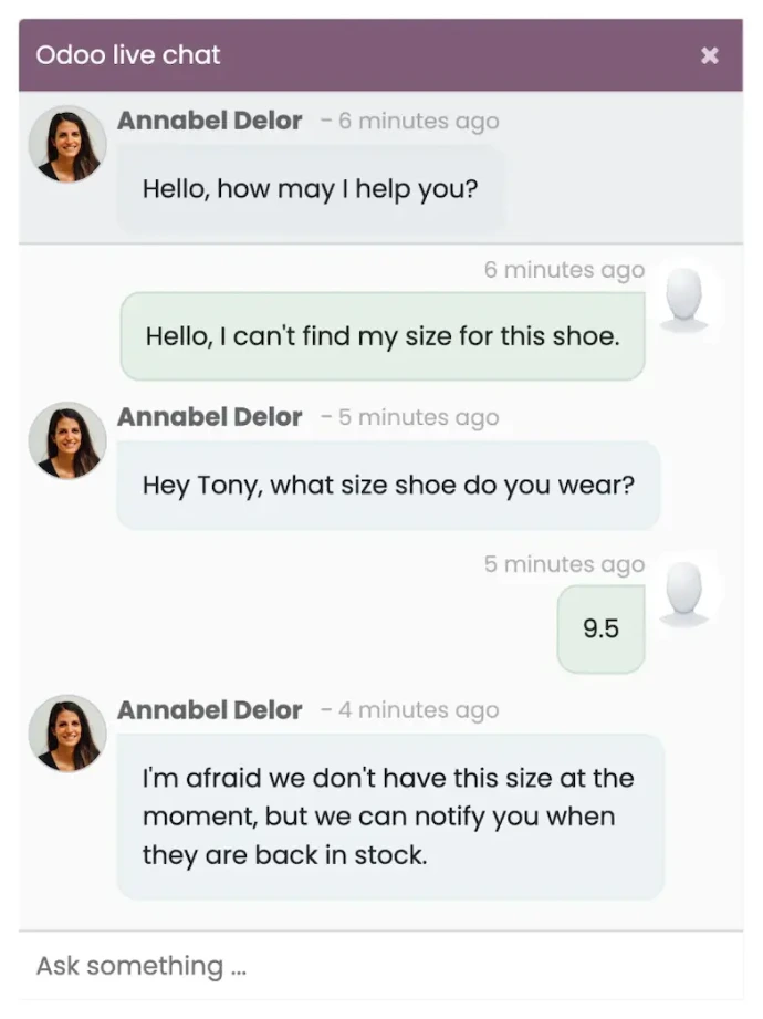 Interface Odoo Live Chat intégrée à la boutique en ligne avec conversation en temps réel entre un client et un conseiller sur la disponibilité d'un produit