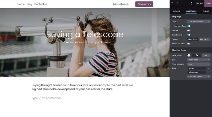 Éditeur visuel d'un article de blog Odoo avec panneau de personnalisation du layout, tags et couverture