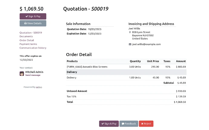 Portail fournisseur Odoo Achats avec devis S00019, détail de commande, montants et boutons Sign & Pay