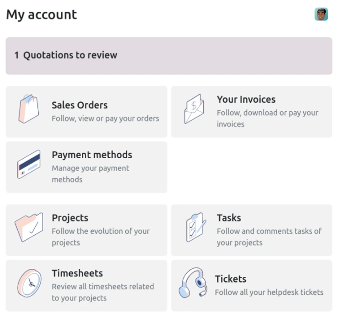Portail client Odoo avec accès aux commandes, factures, moyens de paiement, projets et tickets d'assistance" ⚠️ Point à vérifier dans WP : si ces mêmes images sont utilisées sur la page Ventes, les balises alt devront être légèrement adaptées selon le contexte de chaque page (remplacer "fournisseur" par "client" selon le cas).