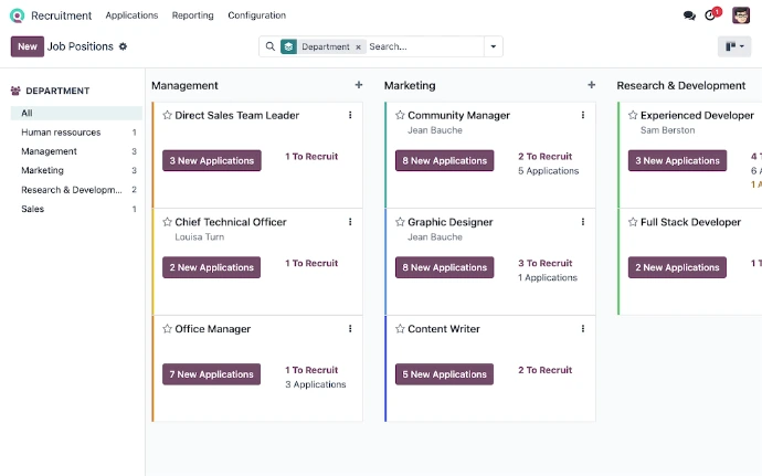 Vue Kanban des postes ouverts Odoo Recrutement classés par département avec nombre de candidatures et postes à pourvoir