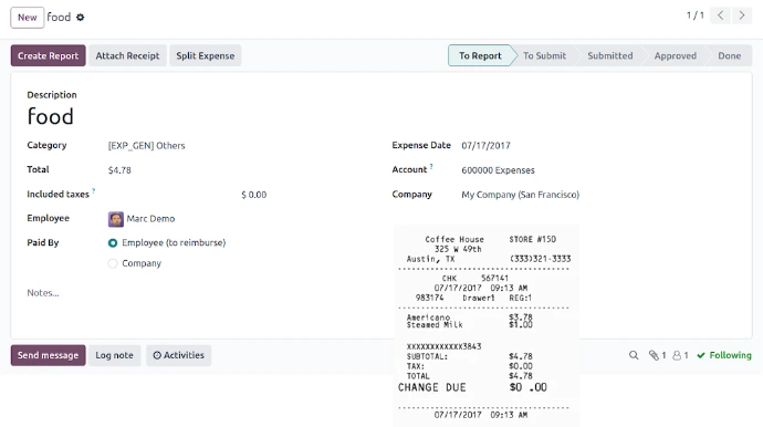 Fiche de dépense Odoo avec reçu scanné attaché, catégorie, montant et mode de paiement par l'employé