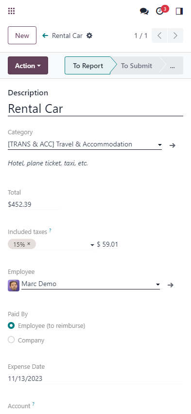 Formulaire de note de frais Odoo sur mobile avec catégorie Travel & Accommodation, montant et taxe à 15%