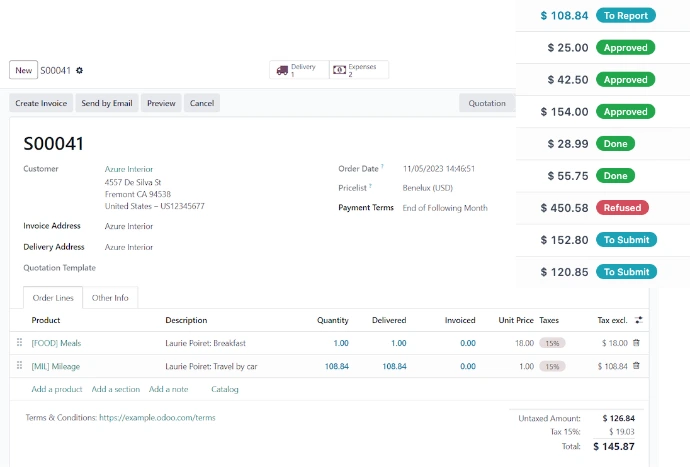 Bon de commande Odoo avec dépenses employé intégrées en lignes de facturation pour remboursement direct
