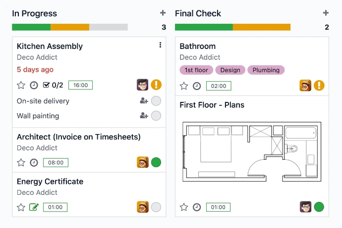Vue Kanban des tâches Odoo avec sous-tâches, temps alloué, statut d'avancement et plan de salle intégré