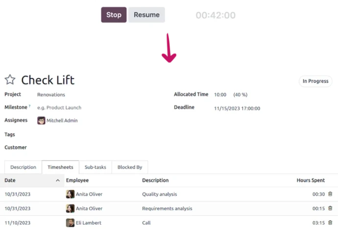 Fiche tâche Odoo Projet avec chronomètre actif, feuilles de temps par employé et temps alloué en pourcentage