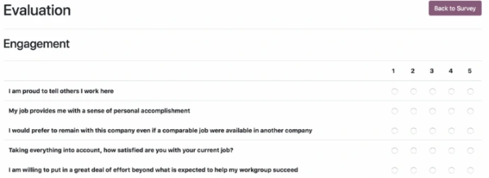 Sondage d'évaluation interne Odoo mesurant l'engagement des employés sur une échelle de 1 à 5 par critère