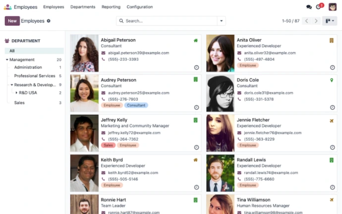 Liste des employés Odoo avec photo, poste, coordonnées et département filtrée par structure organisationnelle