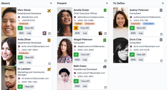 Vue Kanban des employés Odoo classés par statut de présence : Absent, Présent et À définir avec actions rapides