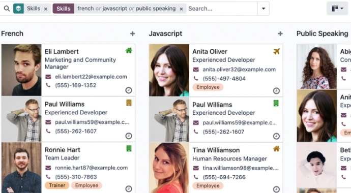 Recherche des employés Odoo par compétences avec vue Kanban groupée par skill : French, Javascript, Public Speaking