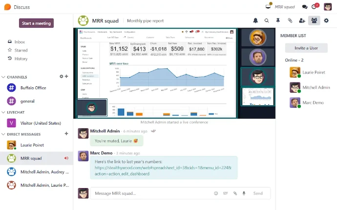 Interface Odoo Discussion avec canaux, messages directs, live chat visiteurs et vidéoconférence en cours avec partage d'écran