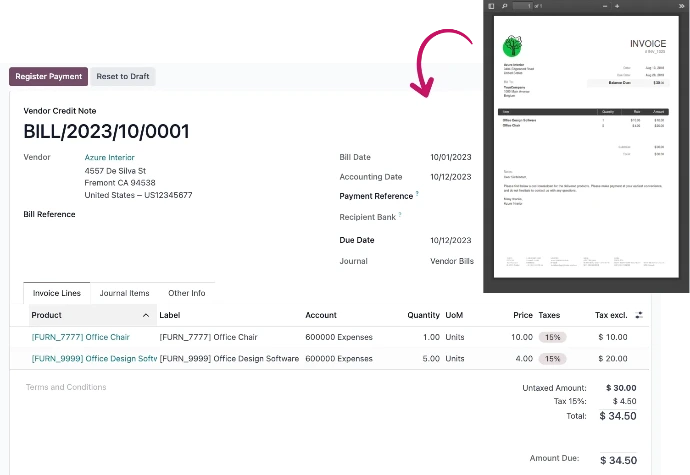 Facture fournisseur Odoo Comptabilité avec aperçu PDF de la facture originale et réconciliation automatique des lignes