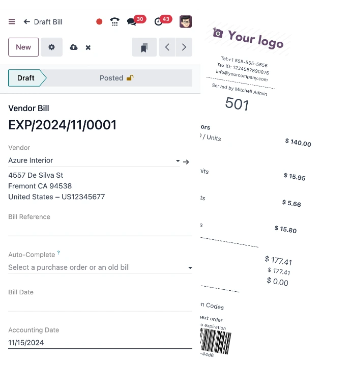 Saisie d'une note de frais fournisseur Odoo sur mobile avec scan du reçu et auto-complétion depuis les commandes d'achat