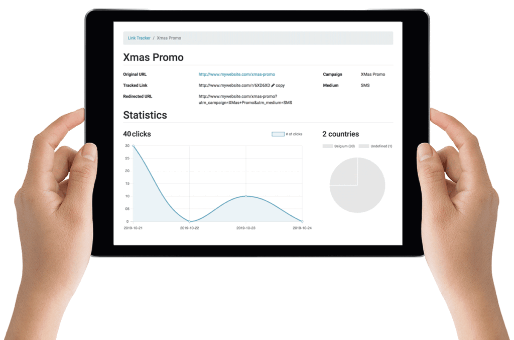 Tableau de bord de suivi de liens Odoo SMS Marketing sur tablette avec statistiques de clics et répartition géographique
