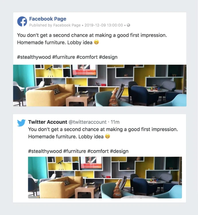 Aperçu d'une publication Odoo Social Marketing publiée simultanément sur Facebook et Twitter avec photo et hashtags