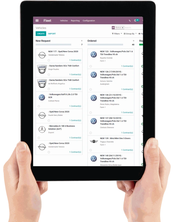 Vue Kanban des véhicules du parc automobile Odoo sur tablette avec statuts New Request et Ordered par conducteur et contrat