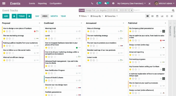 Vue Kanban des sessions d'un événement Odoo classées par statut : Proposal, Confirmed, Announced et Published