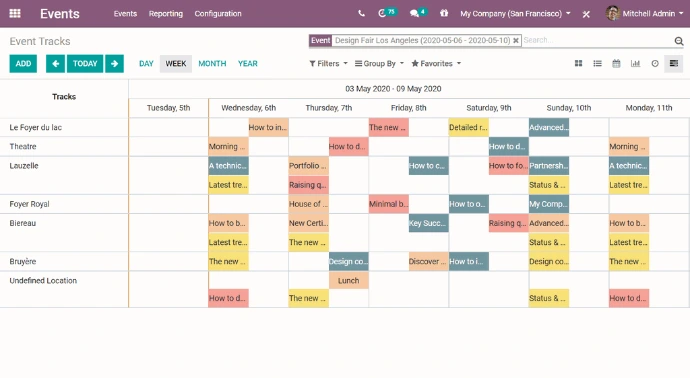 Planning hebdomadaire des tracks de l'événement Odoo Design Fair Los Angeles par salle et par jour
