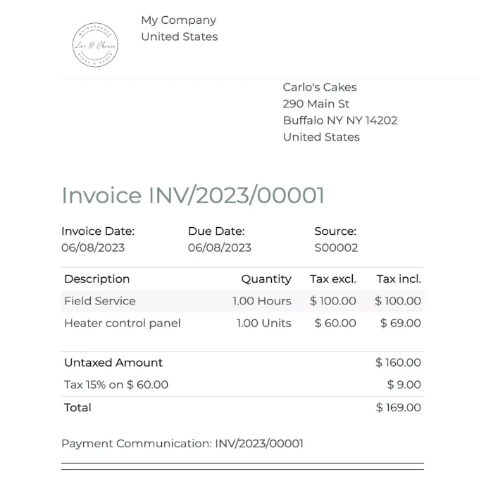 Facture d'intervention Odoo Field Service INV/2023/00001 avec heures de service et pièce de remplacement facturées