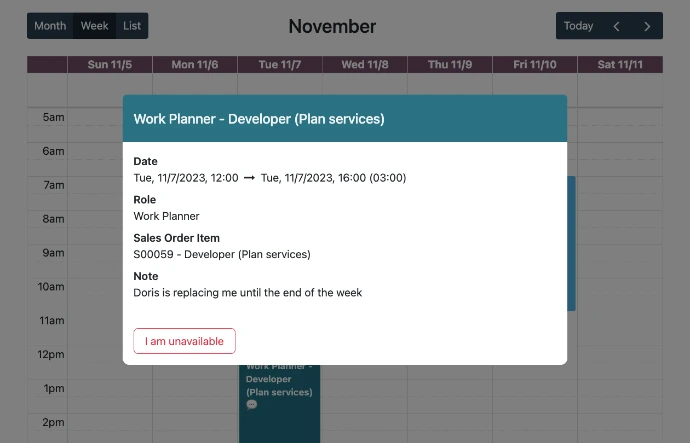 Vue calendrier hebdomadaire Odoo Planning avec détail d'un shift développeur affiché en pop-up et option de signalement d'indisponibilité par l'employé