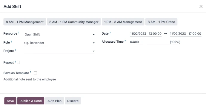 Fenêtre de création d'un shift dans Odoo Planning avec sélection du template horaire, du rôle, du projet et de la plage horaire allouée