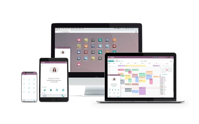 Module Odoo VoIP accessible sur tous les appareils : smartphone, tablette, ordinateur de bureau et laptop avec interface d'appel et calendrier intégrés