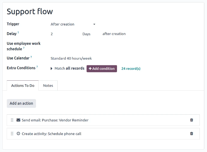 Règle d'automatisation Odoo Studio nommée Support flow avec déclencheur après création, délai de 2 jours, et actions automatiques d'envoi d'email fournisseur et de planification d'appel