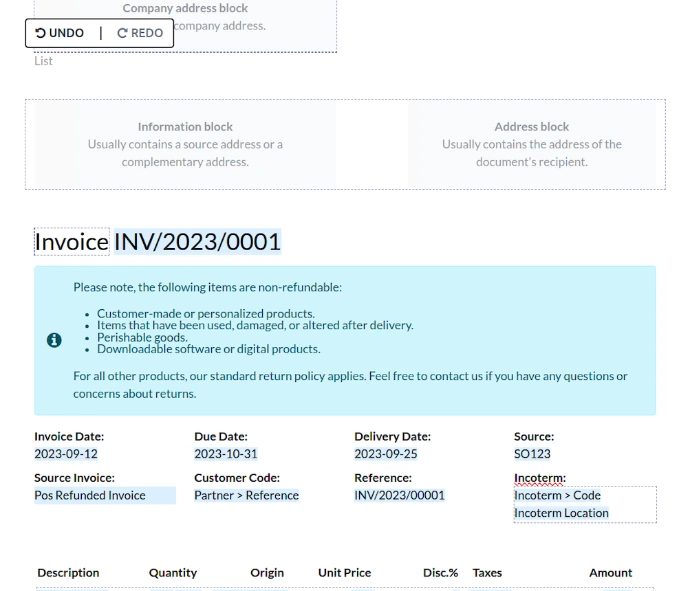 Éditeur de modèle PDF Odoo Studio pour la personnalisation d'une facture avec blocs d'adresse, politique de retour et champs de données supplémentaires comme l'Incoterm