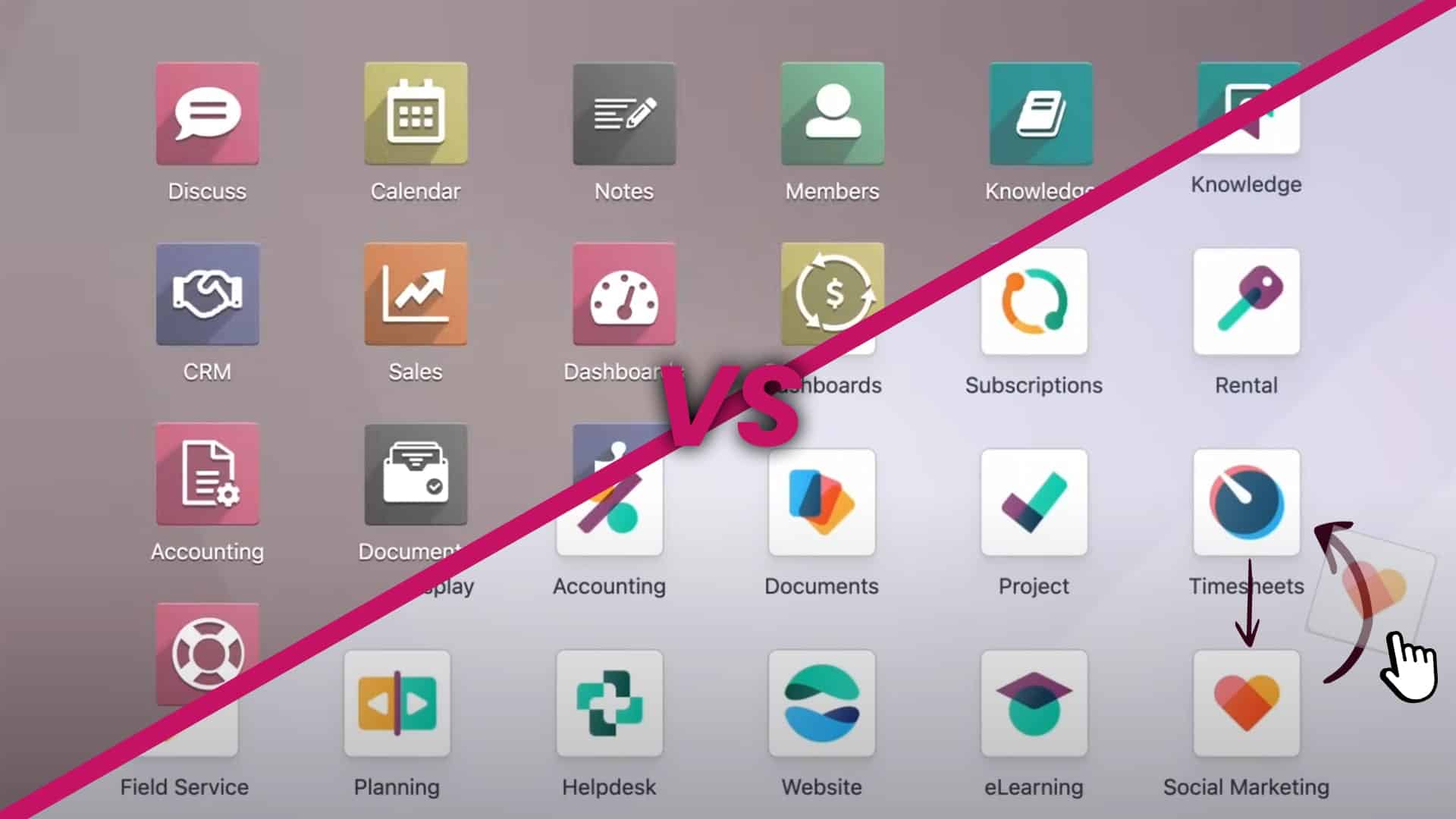 Comparaison des menus d'applications entre deux versions d'Odoo : Discuss, CRM, Comptabilité, Documents, Helpdesk et bien d'autres modules mis en regard